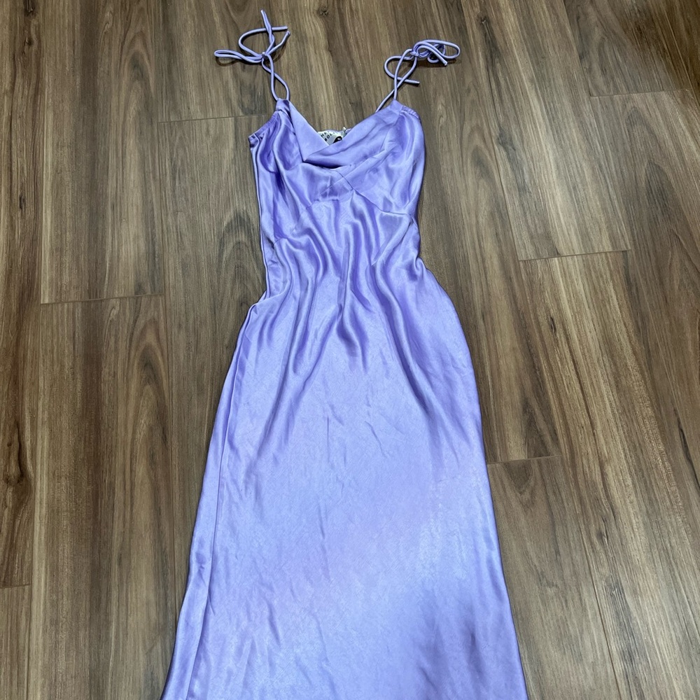hello molly lavender satin midi dress